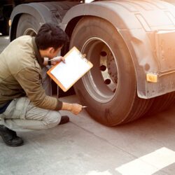 man inspecting truck tyres